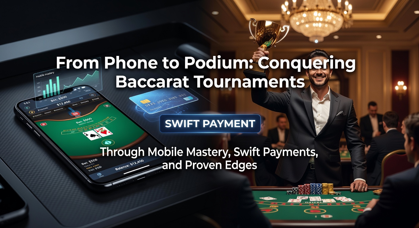 Ein Spieler hält sein Smartphone in der Hand, während auf dem Bildschirm ein Baccarat-Turnier live übertragen wird, mit Chips und Karten im Vordergrund