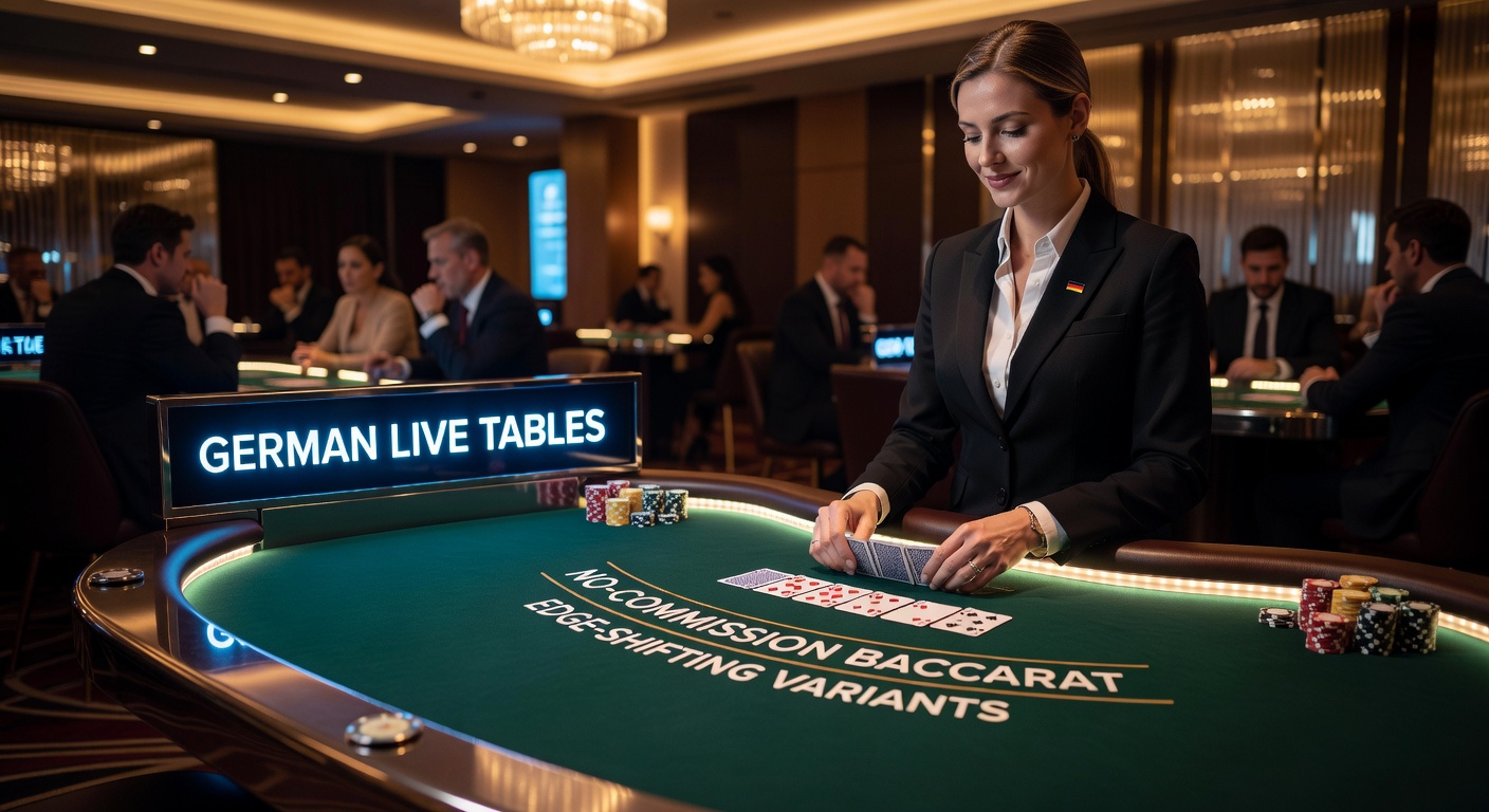 Live-Tisch mit No-Commission Baccarat, beleuchtet von dynamischen Edge-Shifting-Elementen in einem deutschen Casino-Stream