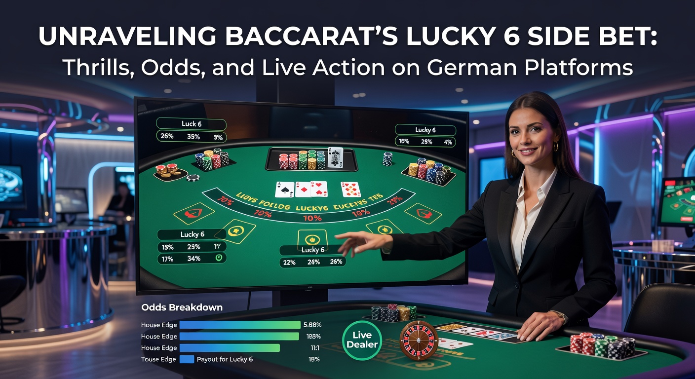 Live Baccarat Tisch mit Lucky 6 Side Bet Optionen, beleuchtet von Studio-Lichtern, Dealer verteilt Karten